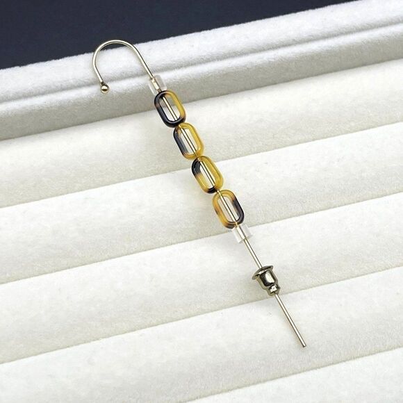 Yellow Gold with Oval Acrylic Tortoise Shell Ear Crawler Hook Earring Pin - Picture 2 of 8